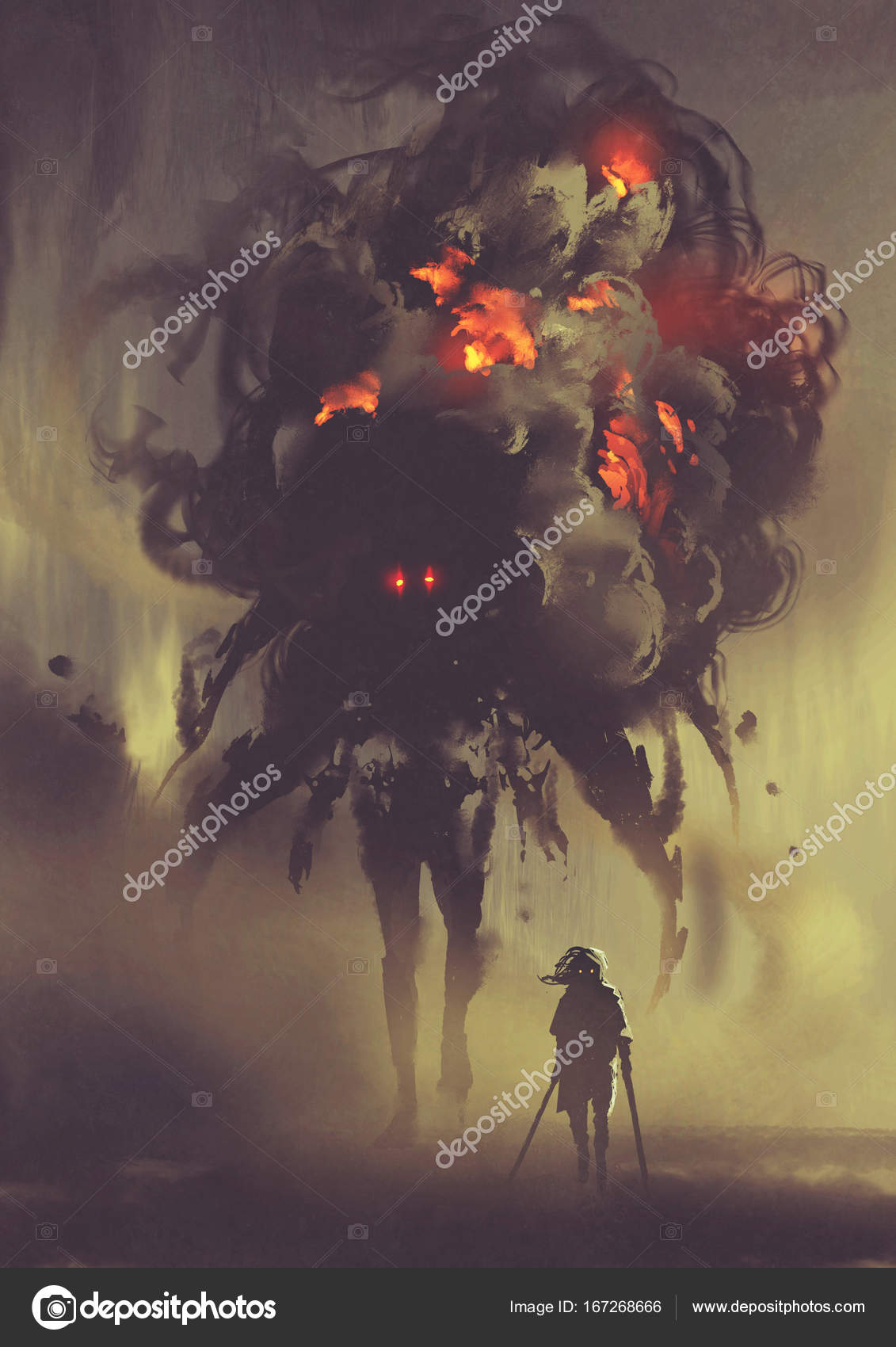Homem segurando espadas gêmeas de pé com monstro de fumaça gigante
